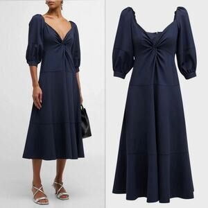 Cinq a Sept Kristina V-Neck Twisted-Front Midi Dress in Navy